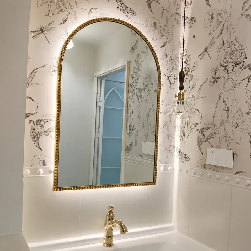 French American Vintage Arch Bathroom Mirror with LED Smart Back Light Hanging Wall Mounted Makeup Mirror for Home Decor