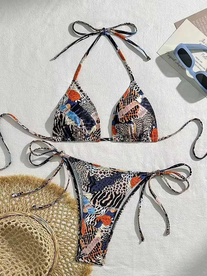 Vzvn Sexy Leopard Lace Up Brazil Bikinis Women Split Swimsuit Beach Vacation Bikini 2026 All Season Backless Bikinis 2 Piece Set