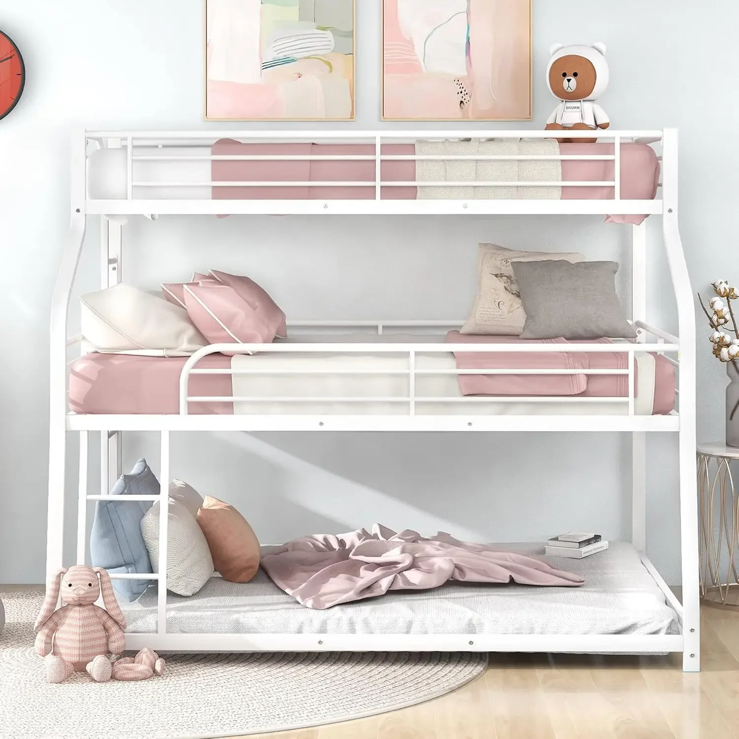 3-in-1 driepersoonsbed, robuust stapelbed met 3 bedden met relingen en 2 ladders voor kinderen, tieners, volwassenen, wit