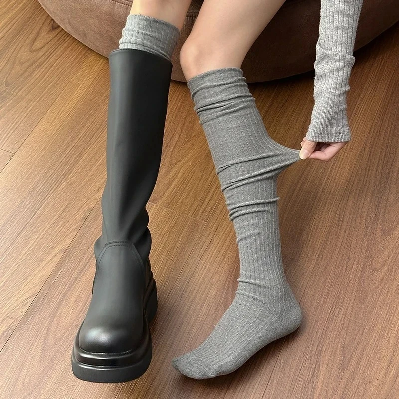 Fashion Pure Cotton Knee-high Socks Solid Color Keep Warm Calf Socks Foot Warmers Fall Winter