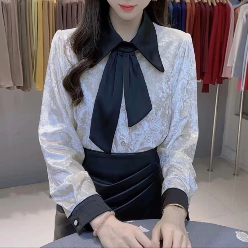 

Женская осенне-зимняя новая лоскутная рубашка с отложным воротником во французском стиле, стежка с бантом-бабочкой, золотая бархатная нижняя рубашка с длинными рукавами