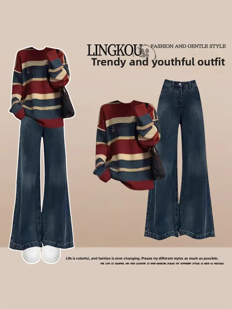 

Осенний корейский женский комплект больших размеров, повседневный топ в полоску, утягивающие джинсы, комплект из двух предметов, моющийся круглый Ne Long Sve...