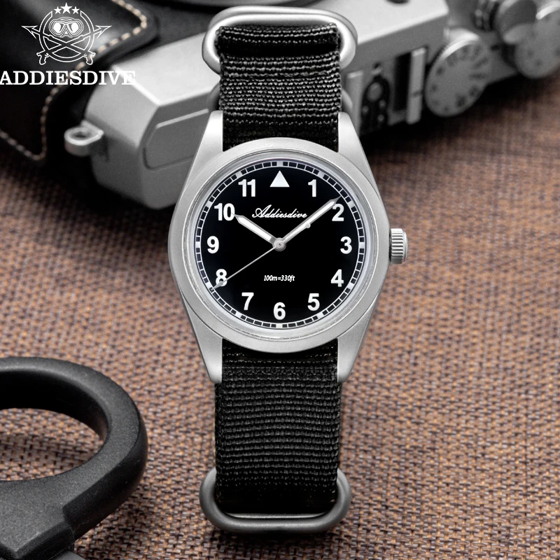 ADDIESDIVE Retro Men's Watch K1 Mineral Glass Stainless Steel 100m Waterproof Night Light Watch 36mm Movement Nylon Quartz Watch