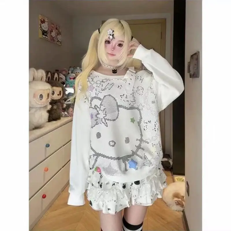 Sanrio hello kitty impresso fora do ombro manga comprida moletom solto outono topo kawaii anime moda casual moletom, conjuntos