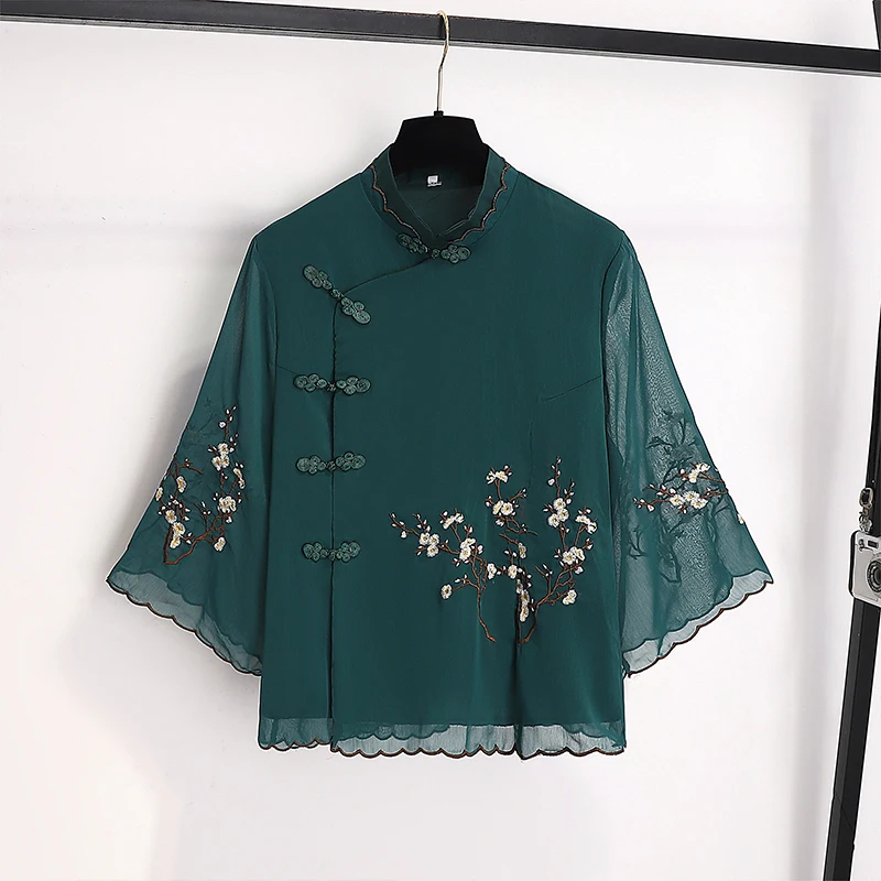 Chinese Style Embroidered Blouse Plum Flower Peplum Shirt Stand Collar 3/4 Sleeve Retro Cheongsam Shirt Womens Elegant Loose Top