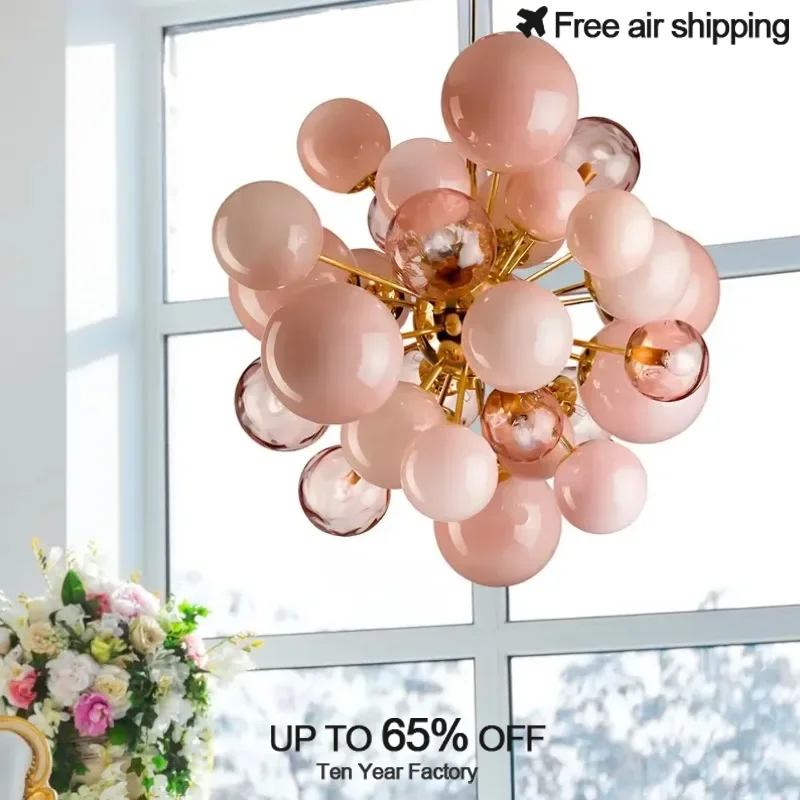 Art Deco Style Pink Bubbles Glass Chandeliers for Ceiling Modern Home Decoration Hanging Pendant LED Light for Dining Room and H