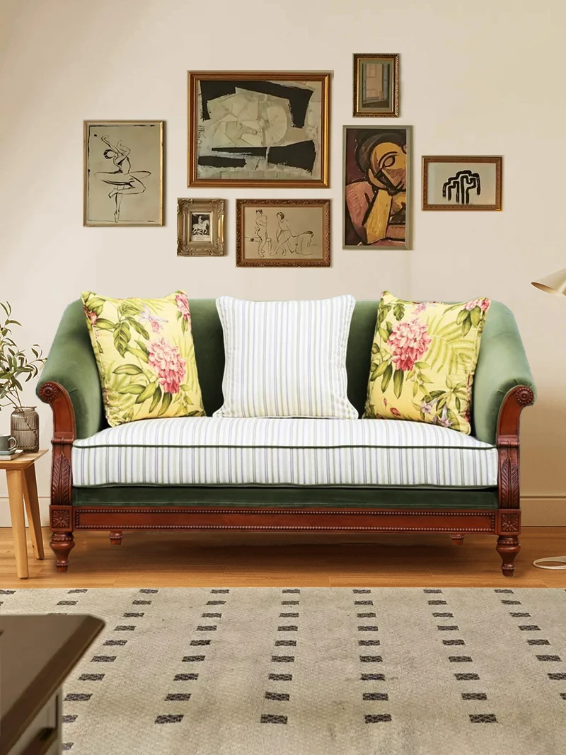 American retro solid wood sofa new Victoria cloth sofa three-person sofa small living room sofa combination