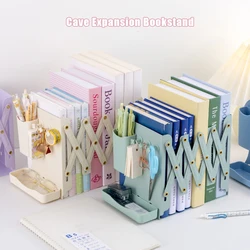 Bookstand Desktop with Retractable Bookshelf Book Storage and Storage Rack with Pen Holder Fixed Book Clip Student Foldable Vook