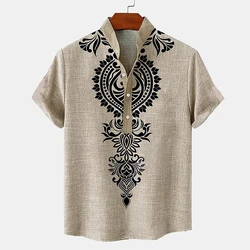 Ethnic Style 3D Print Henley Shirts Men's Fashion Oversized Button Stand Collar Short Sleeve T Shirt Male Tees Tops Man Clothing