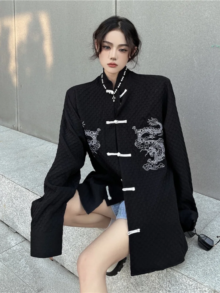 KOSAHIKI Chinese Style Vintage Button Blouse Women Dragon Embroidery Black Shirt  Y2k Aesthetic Harajuku Blusas Streetwear