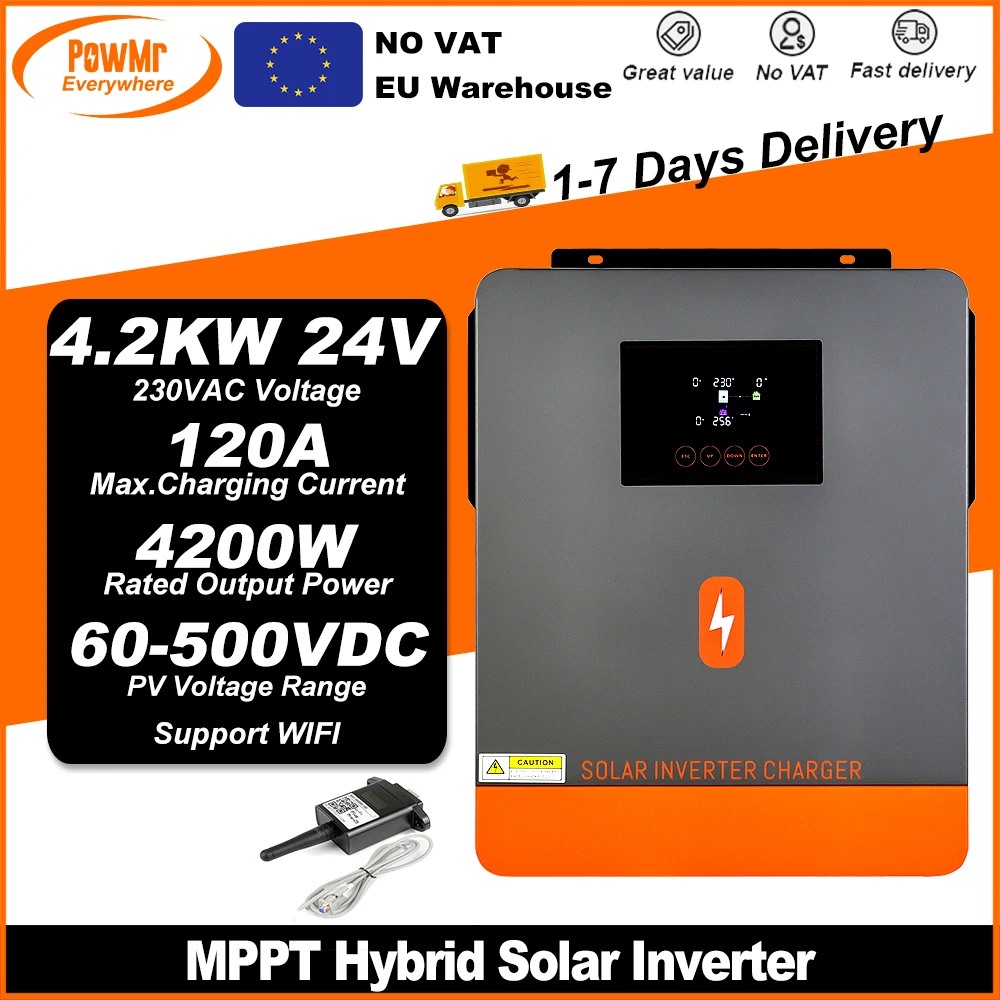 PowMr EU 4.2KW Hybrid Solar Inverters 24V 220V Pure Sine Wave With 120A Solar Charge Controller PV 60~500VDC Input Support WIFI