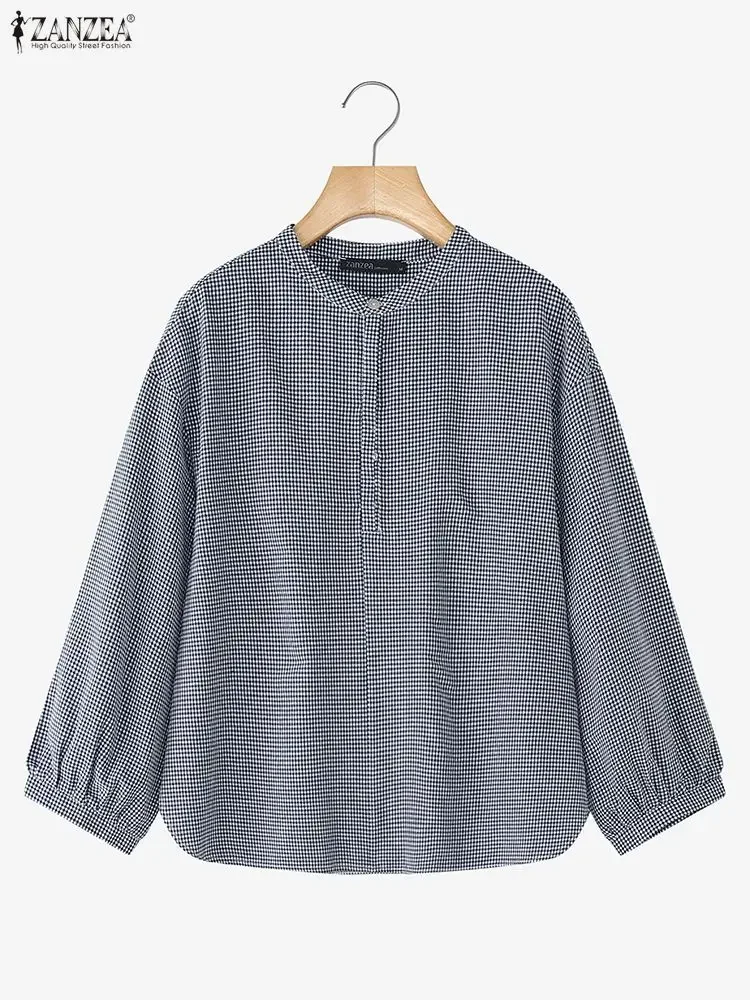 ZANZEA 가을 여성 체크 블라우스 긴 소매 체크무늬 셔츠 2025 패션 O넥 캐주얼 우아한 오피스 스트리트웨어 블루사 페미니나