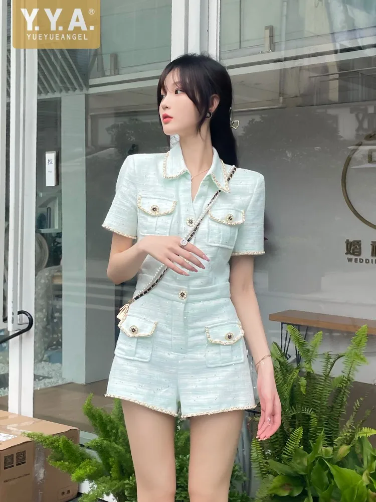 Women Summer One Piece Tweed Playsuit Slim Fit Casual Cargo Pants Pockets Chain New Designer Spring High Quality Short Jumpsuit