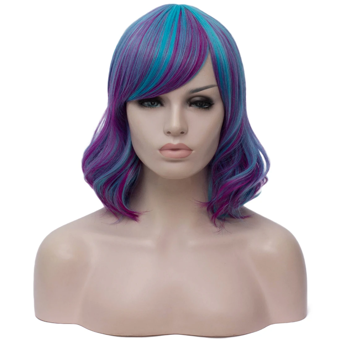 

Heat Resistant Synthetic Short Wavy Ombre Blue Wig Middle Part Line Lolita for Women Cosplay Party Daily Use