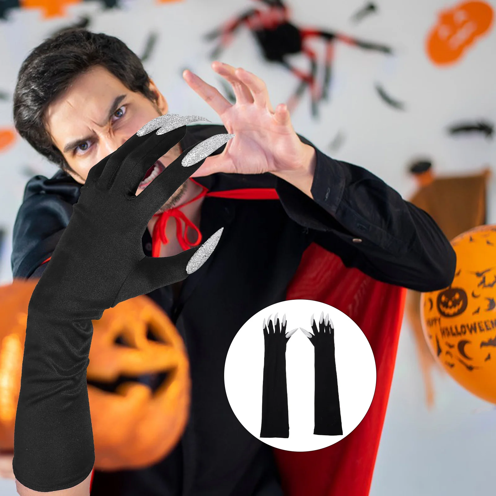 

1 Pair Halloween Costume Gloves Long Fingernails Scary Party Elastic Durable Full Finger Gloves For Costume Party Black