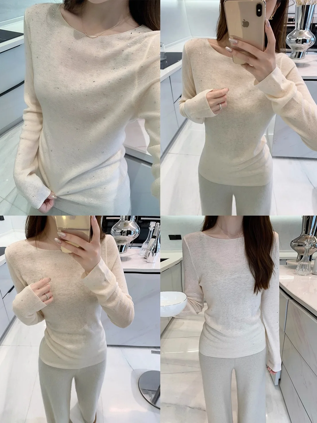 

YUYU WANG Women's round Ne Knitted Sweater with Rhinestones Base Layer irt Slim Fit Autumn Winter Faionable Top