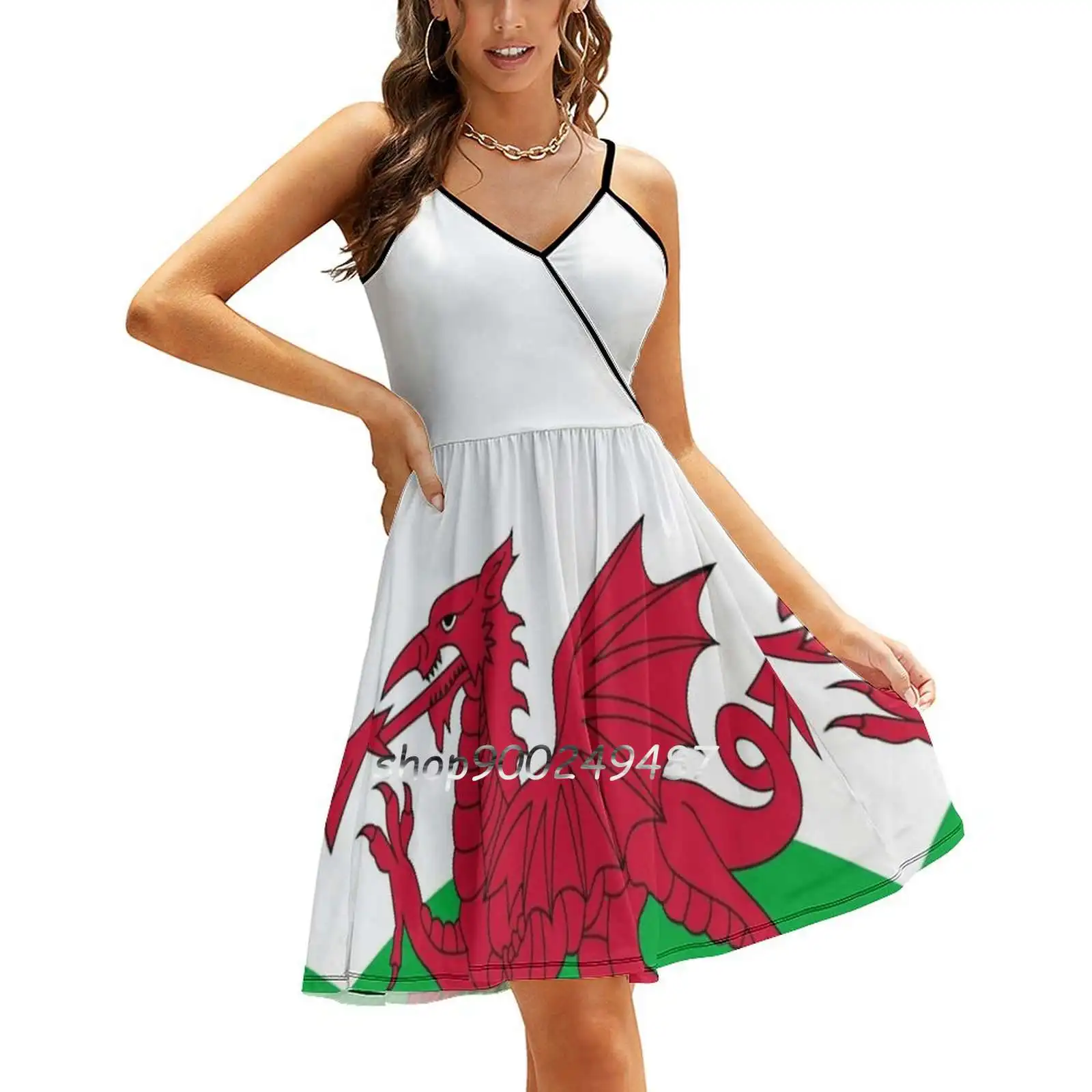 Flag Of Wales-Welsh Flag Sling Dress Women Summer Printing Condole Belt Dresses Britain British Dragon England Flag Green Icon