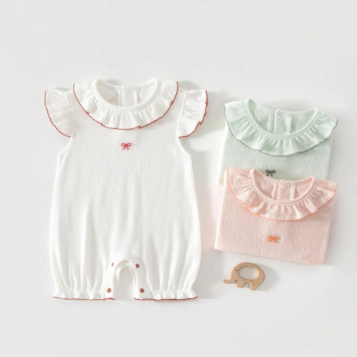 Summer Princess Baby Girl Romper Cotton Short Sleeve Bodysuit with Ruffled Collar & Bow Soft Breathable Newborn Clothes 6-18M