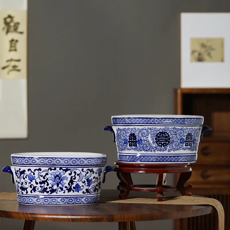 

New Chinese ceramic vase flower pot blue and white porcelain floor bonsai green plants