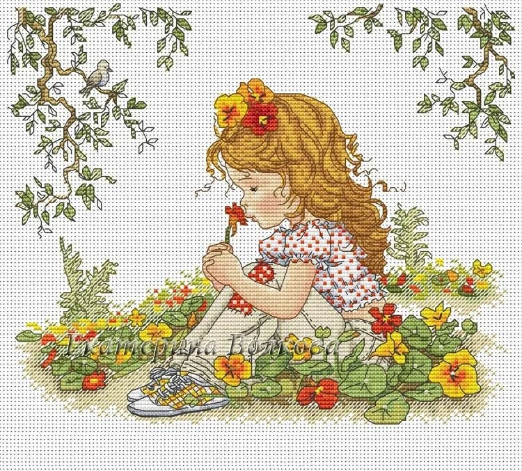 Stitch Cross Stitch Kits, Marigold Smelling Girl, Counted Cross Stitch, Needlework Embroidery, Cross-Stitching Craft, 35-30