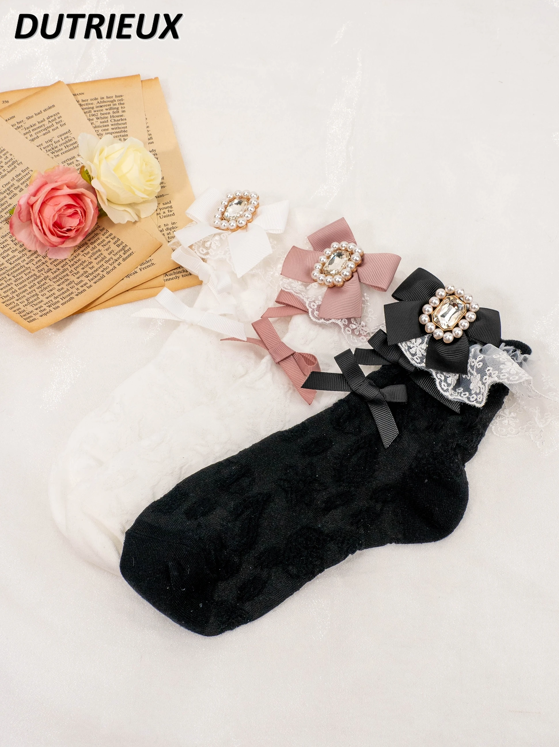 

Japanese Girl Mass-Produced Square Diamond Gemstone Bow Lace Socks White Black Cute Lolita Sweet Cute Girls Kawaii Socks