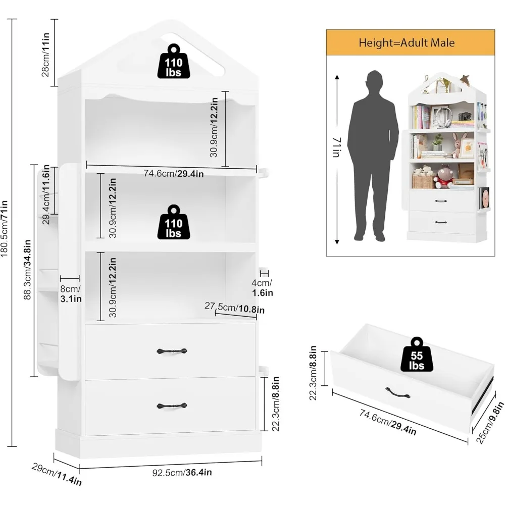 Estante infantil de 71" de altura com 2 gavetas, prateleiras grandes para livros de 4 camadas, armário de exibição de madeira com organizador de armazenamento de brinquedos