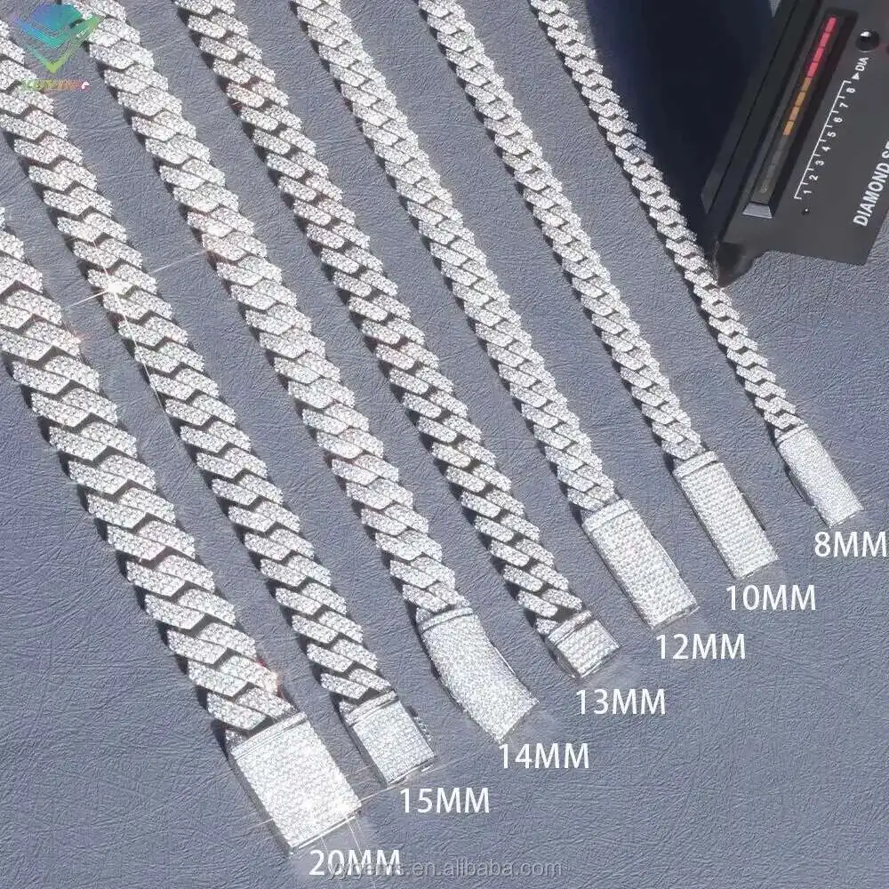 

Yu ying design 2rows 8mm-15mm VVS Moissanite Diamond Chain S925 Sterling Silver Cuban Link for men hiphop fine jewlery necklaces