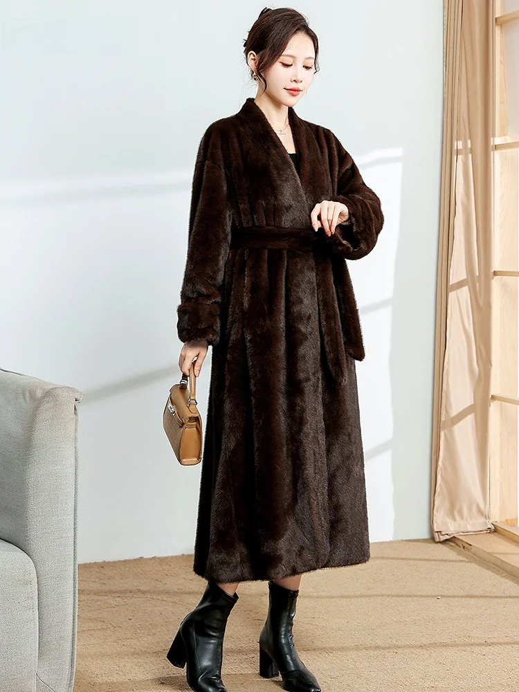 Nerazzurri Coffee Color Long V-neck Loose Fur Coat Women's Fashionable Eco-friendly Artificial Mink Outerwear with Belt