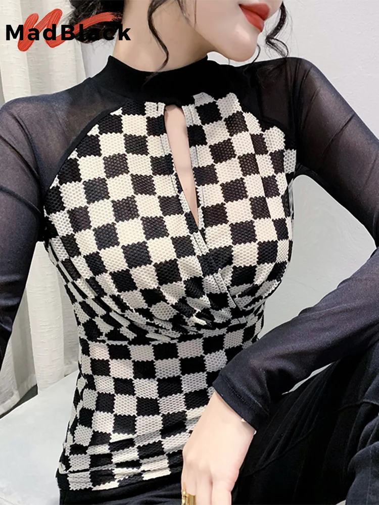 

MadBlack Retro Spring Mesh T-Shirt Sexy Keyhole Printing Patchwork Women Tops Long Sleeve Tees T31618Z