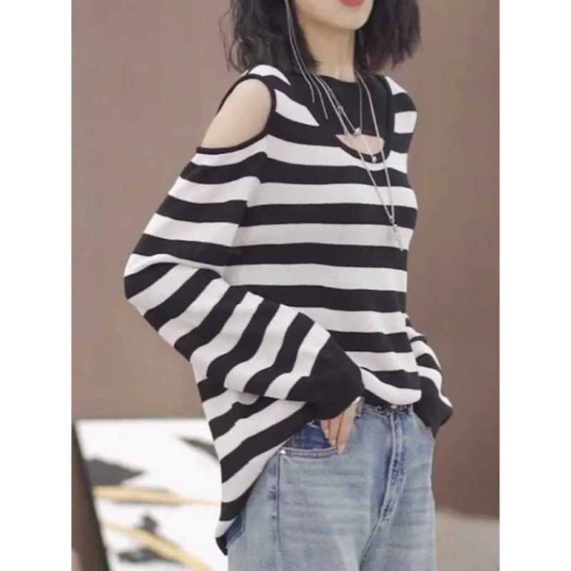 Fashion O-Neck Spliced Hollow Out Off Shoulder Blouses Women's Clothing 2024 Spring New Loose All-match Tops Casual Shirts