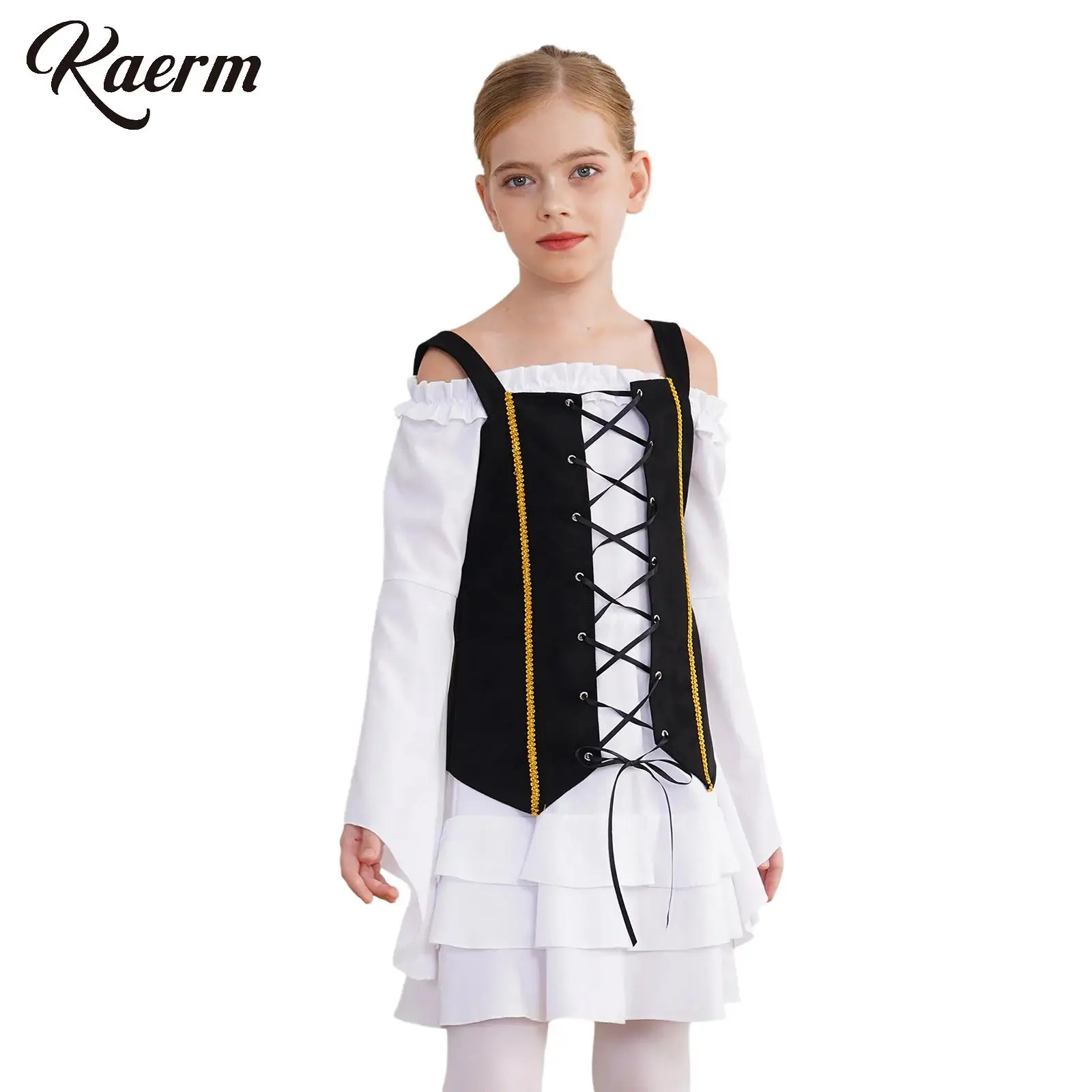 Kids Girls Victorian Retro Court Style Ruffle Dress And Lace-up Suede Vest Set Feel My Rhythm Kpop Dance Halloween Party Dress