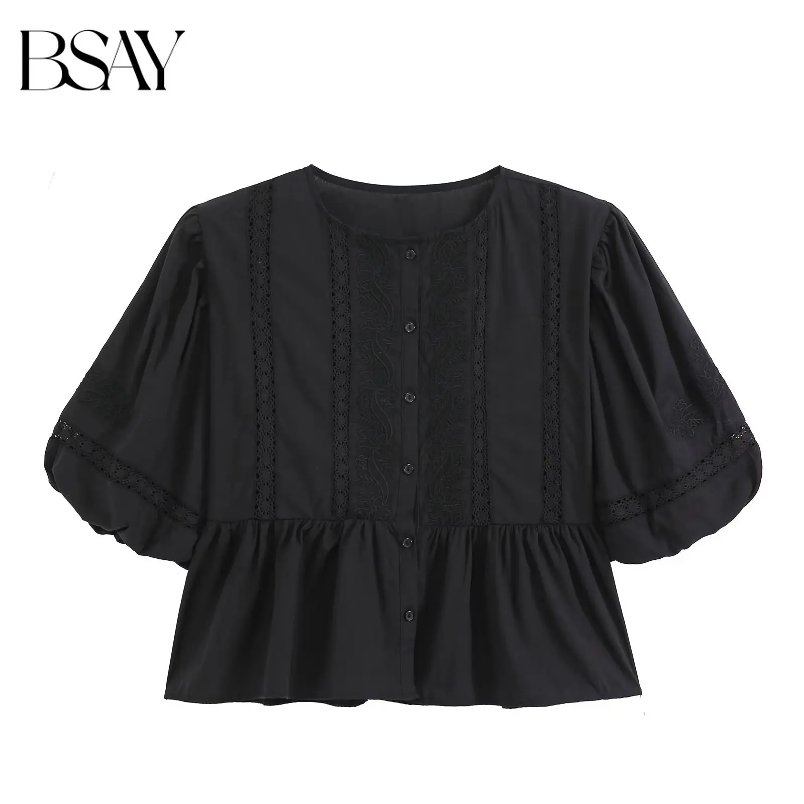 BSAY Elegant Women Embroidery Lace Panel Blouse Balloon Puff Sleeve Button Down Peplum Hem Loose Casual Daily Shirts For Women