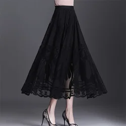 Women Vintage Sexy Hollow Lace High Waist Elegant Party Long Skirt Summer Fashion Black Pleated Fairy A Linen Maxi Skirts Faldas