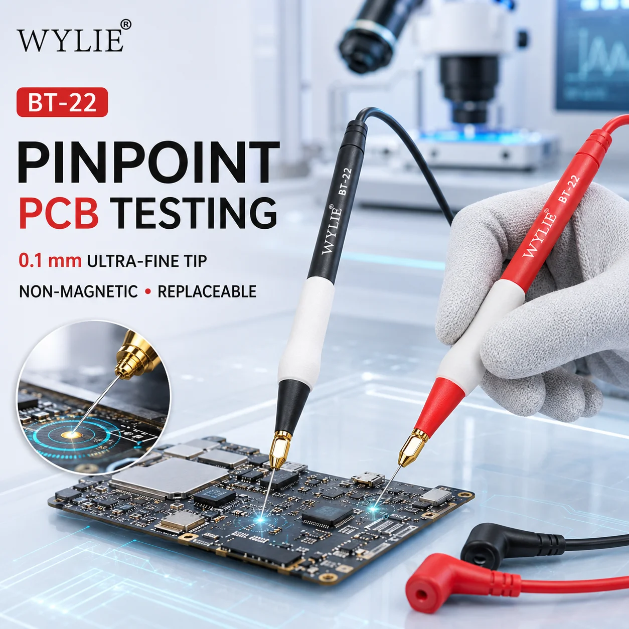 WYLIE BT-22 High Voltage Multimeter Probe Set 1000V 20A 0.1mm Non-Magnetic Fine Needle Test Leads for PCB Motherboard Repair