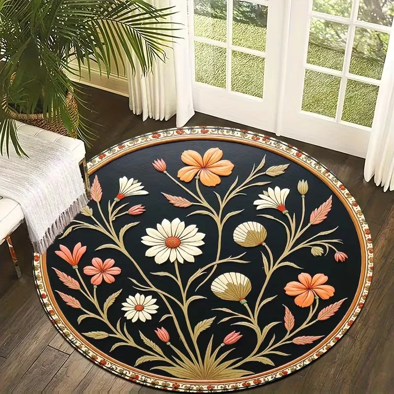 Vintage Botanical Floral Round Rug Daisy Wildflower Print Circular Floor Mat for Living Room Bedroom Boho Home Decor
