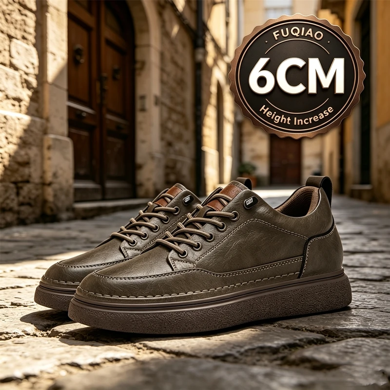 Men's 6CM Height Increase Elevator Shoes Casual Comfortable Leather Sneakers Invisible Hidden Heel Daily Outdoor Non-slip Shoes