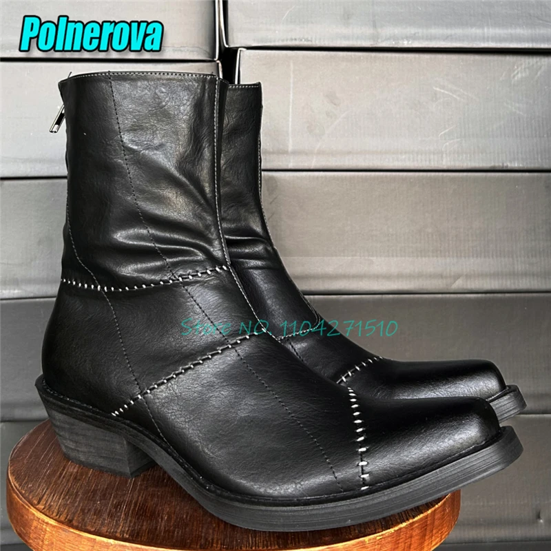 

Black Leather Pointed Toe Short Boots for Men Women Trend Handmade Sewing Thick Heel Chelsea Boots Spring Autumn Couple Shoes