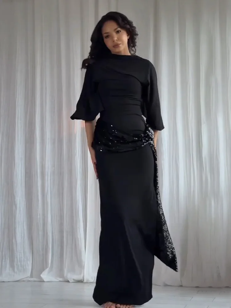 ชุดเดรสยาวผู้หญิงแฟชั่นเซ็กซี่ โชว์หลัง แขนสั้น แต่งเลื่อมแบบไม่สมมาตร สีพื้น เรียบหรู สำหรับงานปาร์ตี้และงานกลางคืน