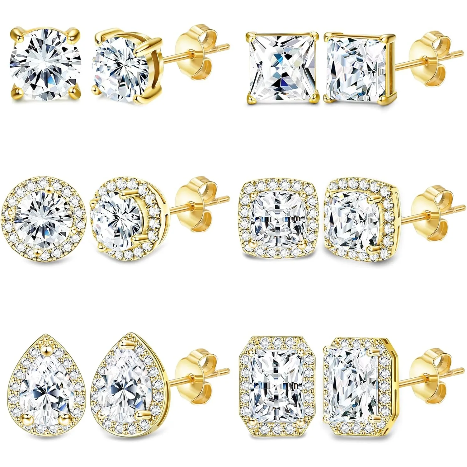 

6 Pairs Stainless Steel Cubic Zirconia Stud Earrings for Women & Men 18K White Gold Plated Round Square Halo Earrings Set