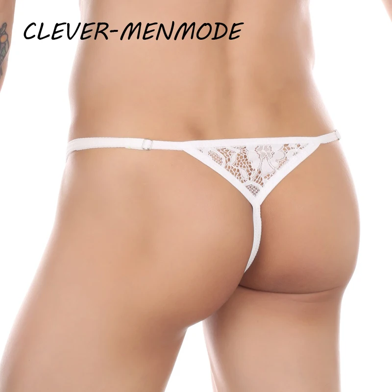 CLEVER-MENMODE Sexy Men\'s Lace Lingerie See Through Underpants Exotic Side Open Buckle Adjustable Straps G String Sissy Thongs