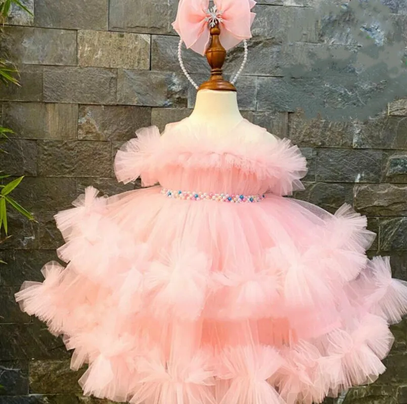 

Luxury Pearls Flower Girl Dress Puff Girls Party Dresses for Wedding Short Tutu Tulle Gown Kids Christmas Ceremonial Dress