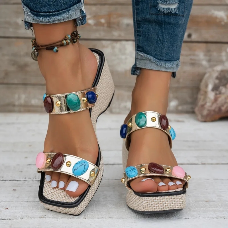 Women Slippers Summer New Outdoor Fashion Square Toe Wedge Sandals Colored Beaded Women's Leisure Vacation High Heel Shoes