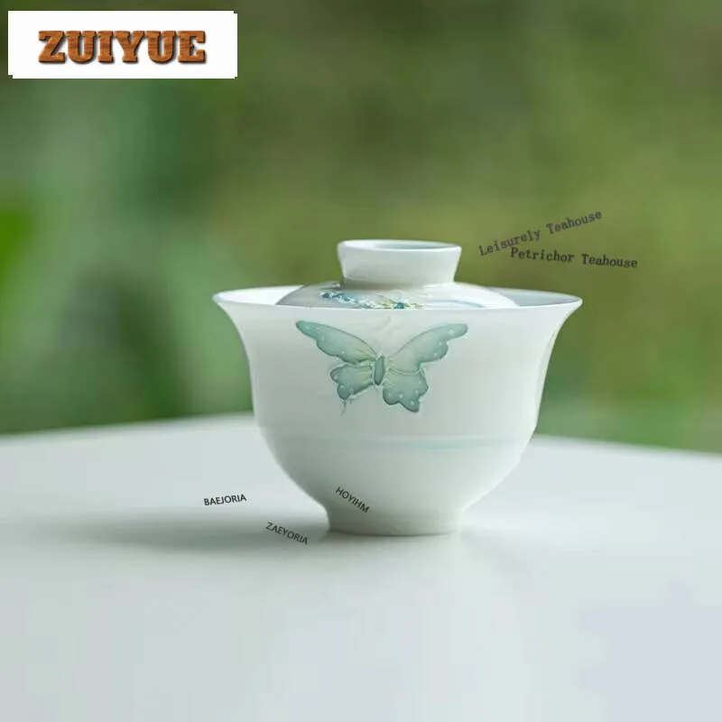 130ML Handmade Thin Body Porcelain Gaiwan Hand-painted Butterfly Tea Tureen Making Cover Bowl Chinese Kung Fu Set Craft Supplies