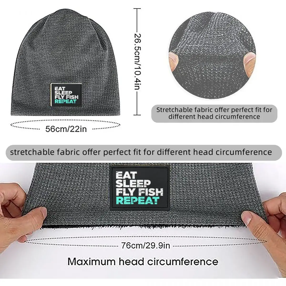 Eat Sleep Fly Fish Fly Fishing Graphic Waffle Knit Fleece Lined Beanie with PU Leather Patch Unisex Warm Winter Soft Cap