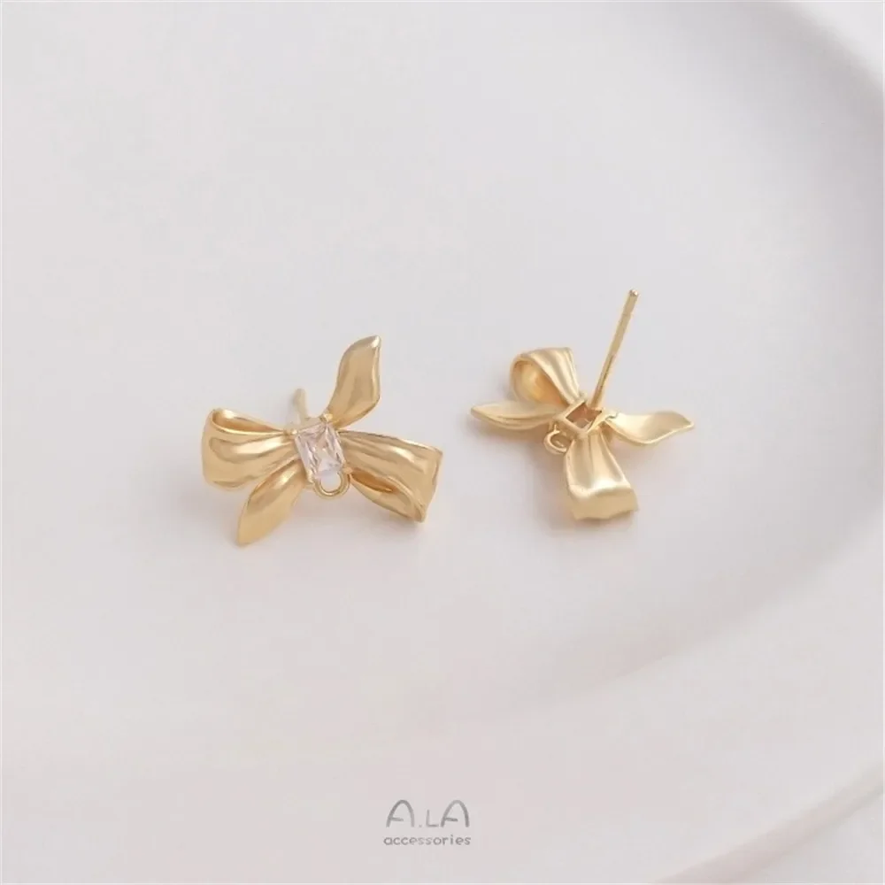14K Gold Rectangular Zirconium Fashion Bow with Rings Earrings 925 Silver Needle Handmade Diy Earrings E253