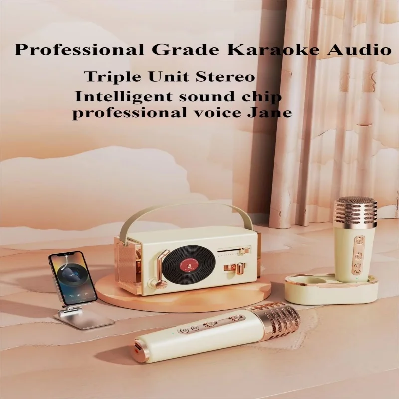 

Портативная ретро-караоке-машина, динамик Bluetooth 5.3 с 2 беспроводными микрофонами для дома, КТВ, пение, стереозвуковые эффекты 360°