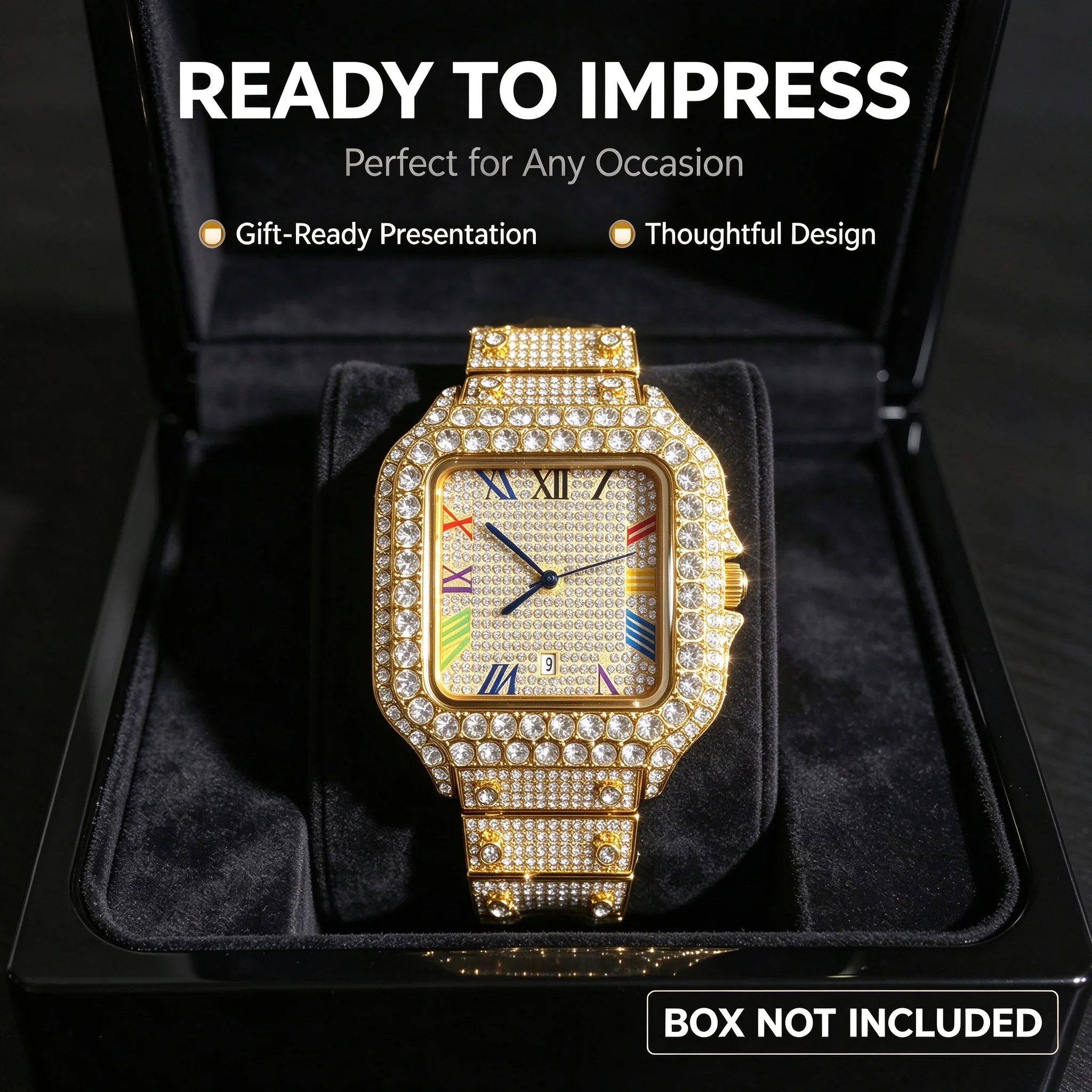 Men's square Roman watch, full chain strap, hip-hop trend luxury party daily watch