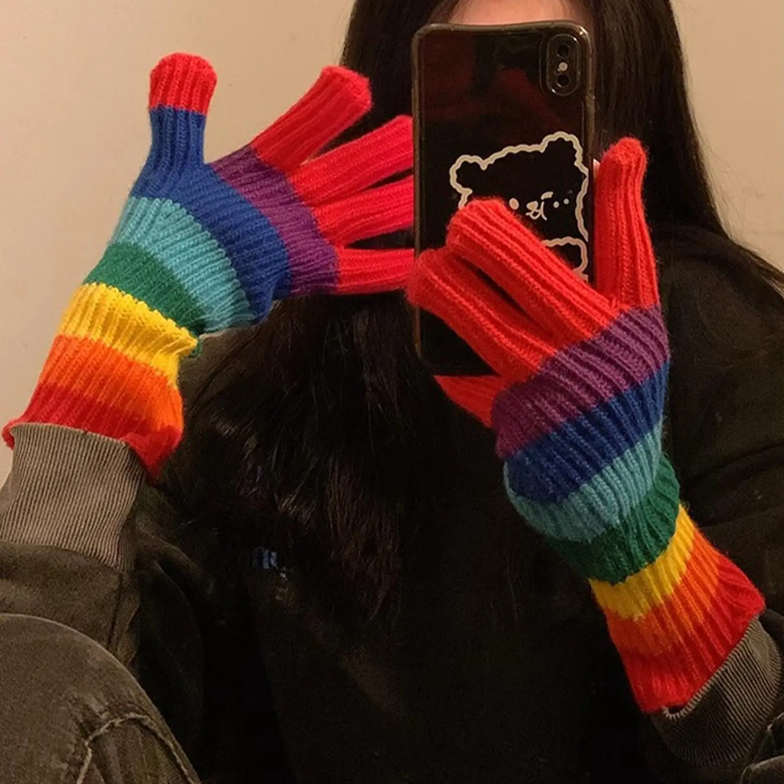 Regenboog touchscreen winterhandschoenen Warme gebreide wanten Antisliphandgreep voor dames, autorijden, hardlopen, skiën en woon-werkverkeer buiten