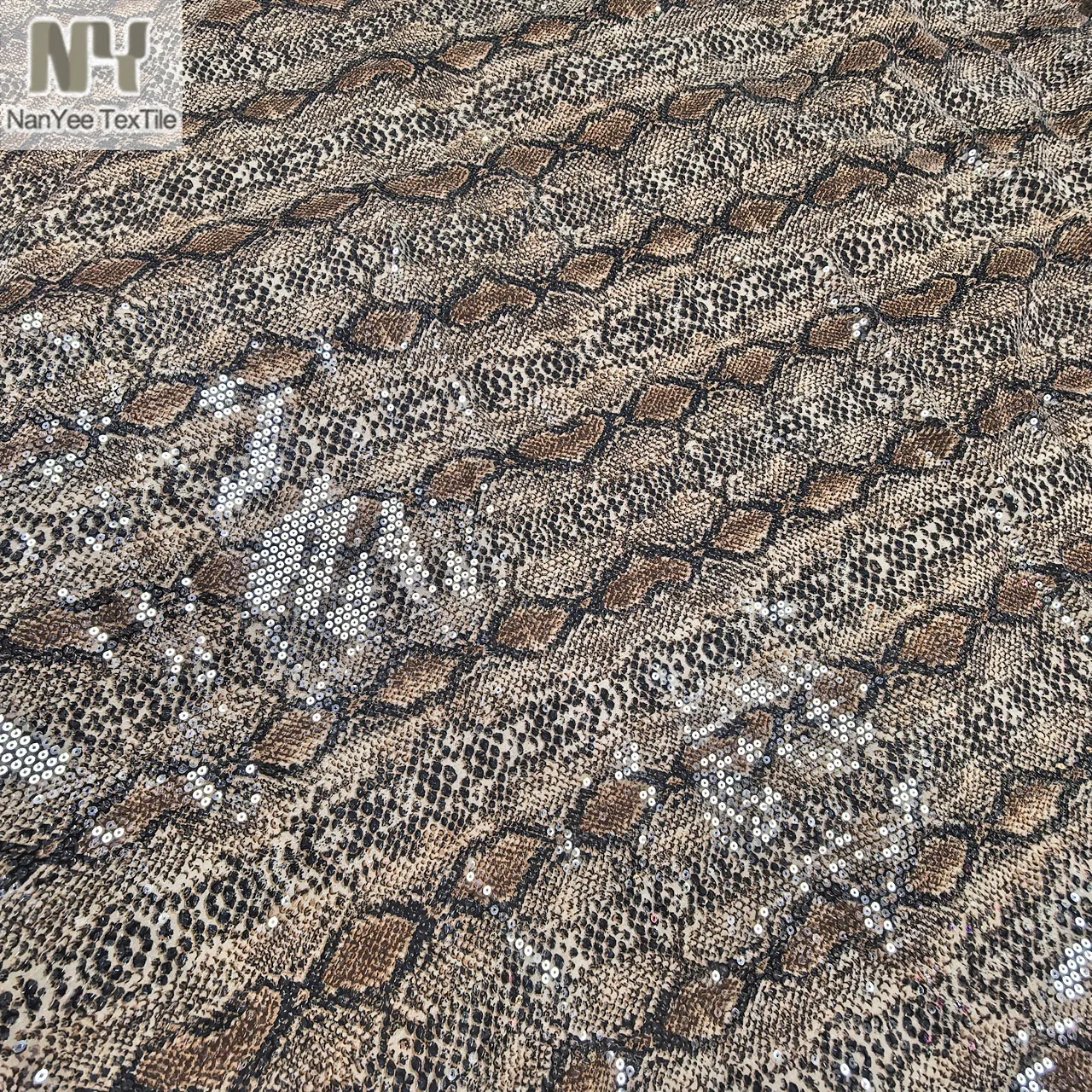 Full Cover 5MM Transparent Clear Sequins Embroidered On Polyester 4 Way Stretch Digital Printed Leopard Knitted Fabric