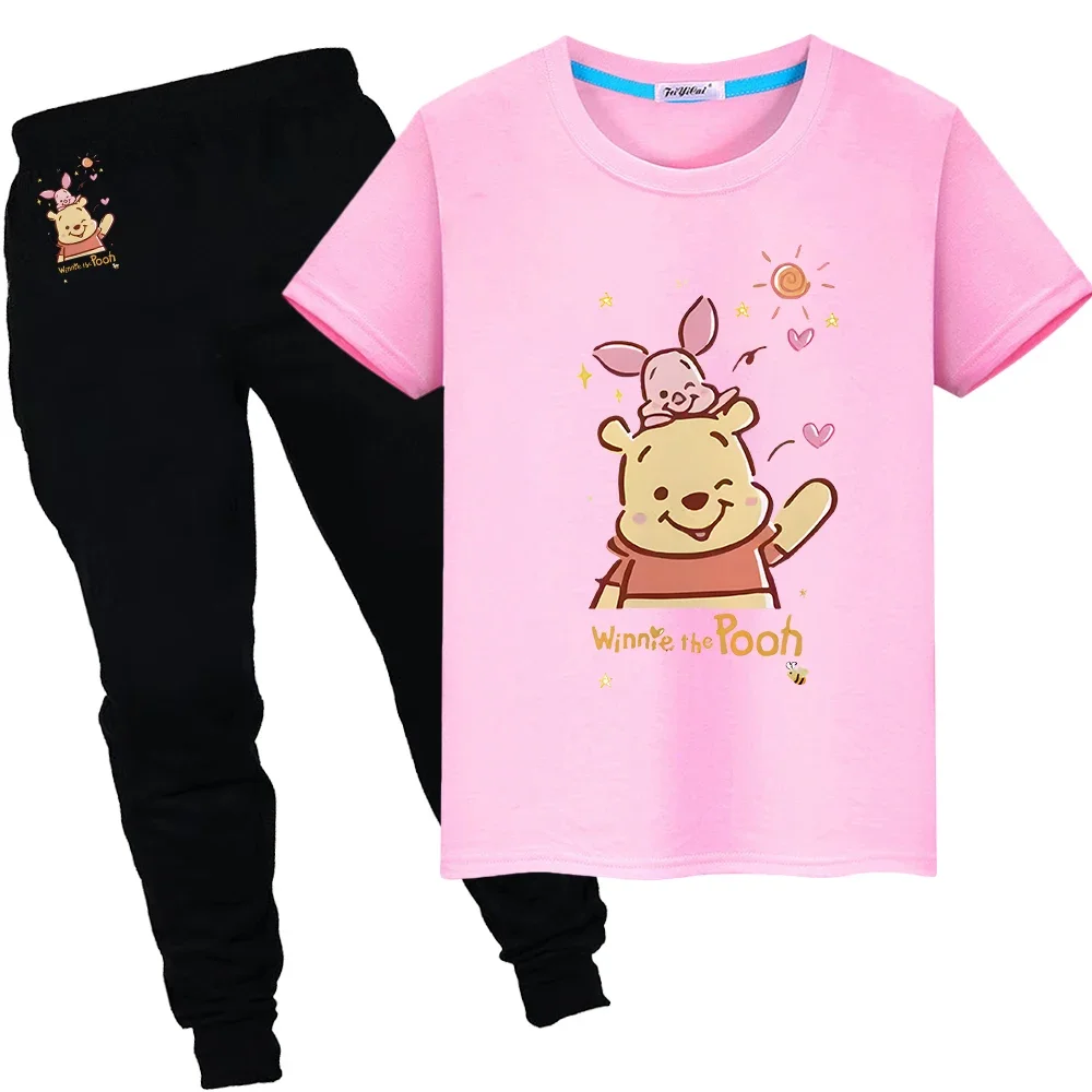 

Pooh Bear Print 100%Cotton T-shirt Summer Sports Sets Cute Tshirts Kawaii Disney Short+pant boys girls clothes kid holiday gift